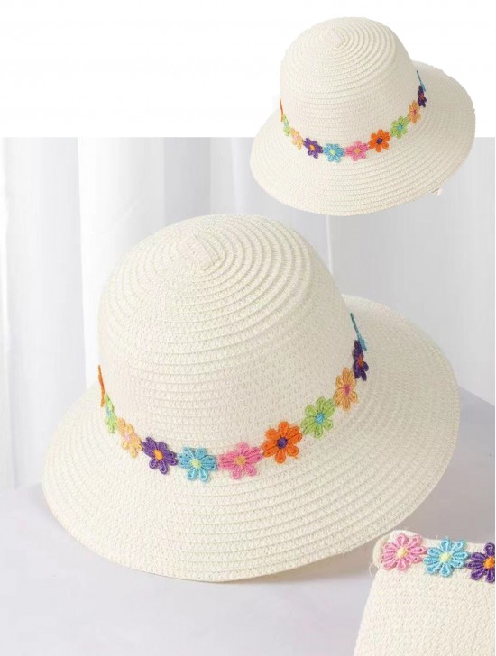 Adult and Kid Woven Sun Hat W/ Flowers Set